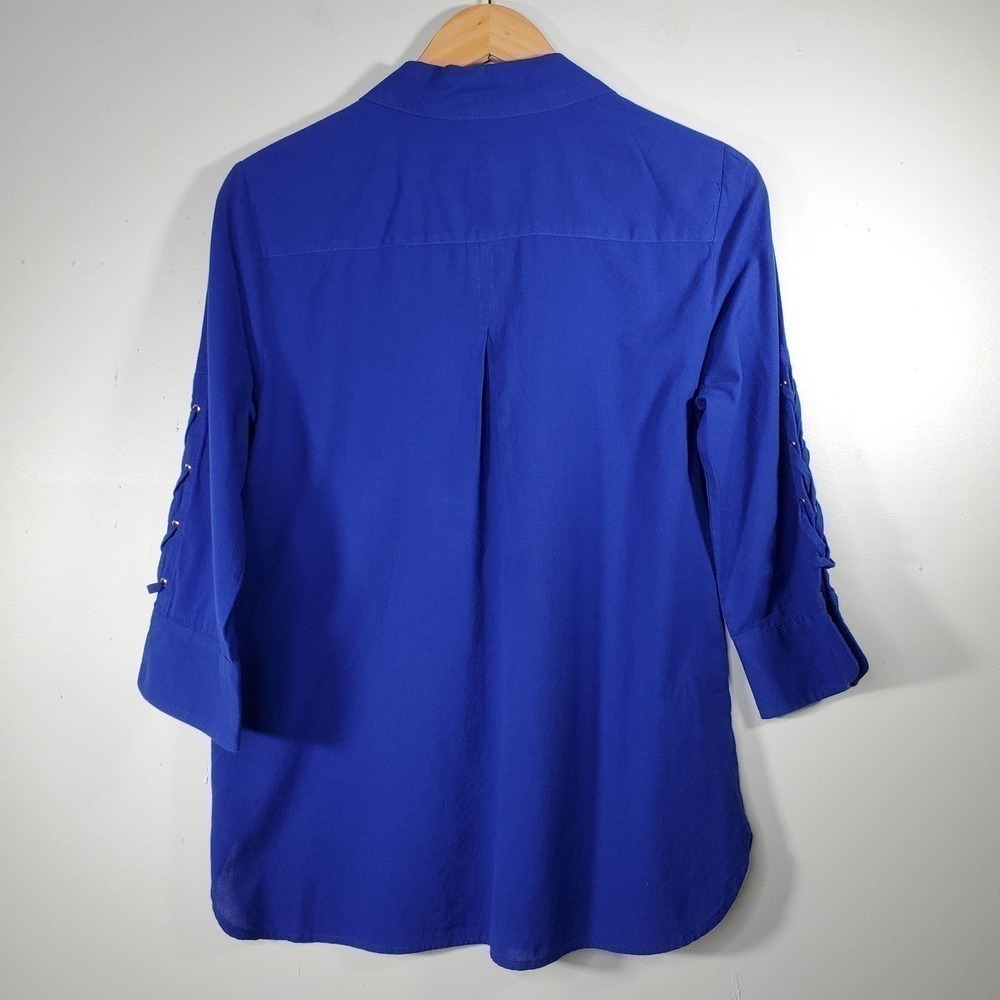 Chico's Lace Up 3/4 Length Sleeve Button Up Collared Blouse Blue Size Small - Picture 5 of 10